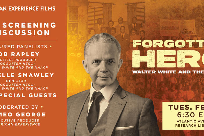 The key art shows an image of Walter White standing in front of a group of people. This is for the film Forgotten Hero: Walter White and the NAACP.