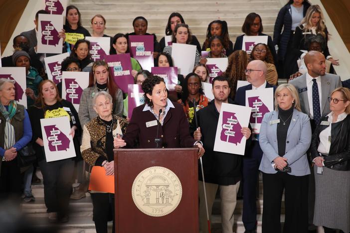 Georgia reproductive freedom advocates held a press conference on Wednesday, February 20, 2025, at the Capitol to push for legislation that would pull state funding from crisis pregnancy centers deemed to be faith-based centers that do not provide services as a medical provider does. Credit: Georgia House of Representatives 