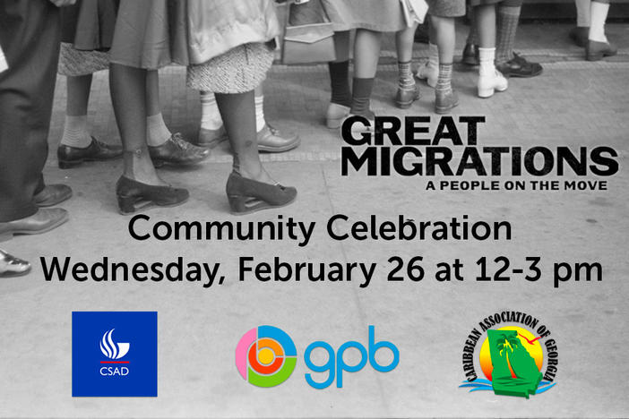 This is the key image for the Community Celebration for Great Migrations: A People on the Move. The black-and-white image is of a group of people standing in line.