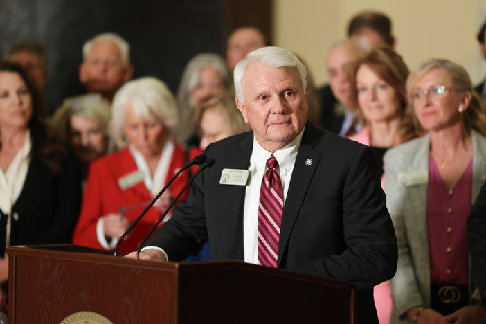 Georgia Speaker of the House Jon Burns spoke at a Capitol press conference on February 4, 2025, about legislation prohibiting transgender girls from girls’ sports. Credit: Georgia House of Representatives