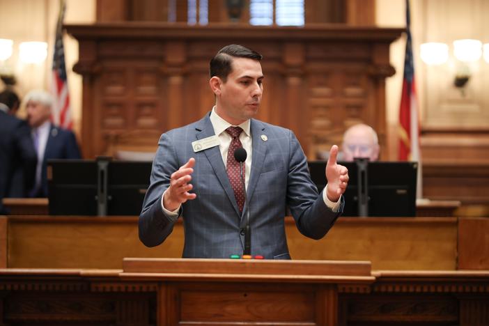 Rep. Trey Kelley presented House Bill 199 on the House Floor on Wednesday, February 13, 2025. The legislation would change how judges request their personal information be redacted. Credit: Georgia House of Representatives