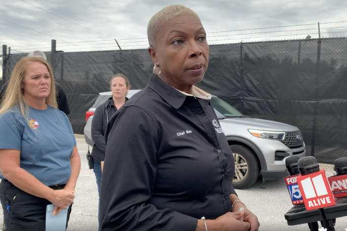 Former Rockdale County Fire Chief Marian McDaniel speaks during a press conference addressing the fire at the BioLab fire on Sept. 29, 2024. 