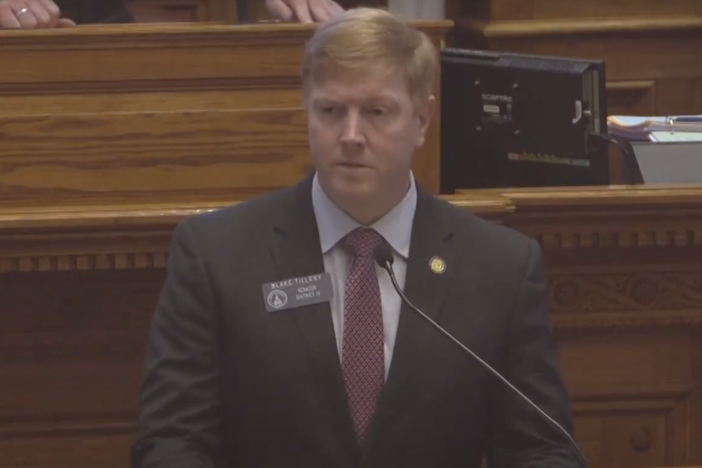 Georgia Sen. Blake Tillery (R-Vidalia) presenting Senate Bill 39 to the Senate floor on Tuesday, February 11, 2025. The legislation would prevent taxpayer dollars from covering gender-affirming care for state employees. Credit: Screenshot