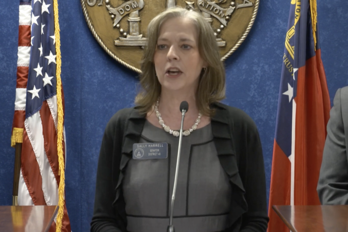 Sen. Sally Harrell (D-Atlanta) joined a group of Senate Democrats to announce a new measure to create a ballot referendum on abortion access for Georgia voters on February 5, 2025. Credit: Screenshot