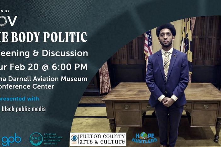 The image shows a picture of Baltimore mayor Brandon Scott in his office as he looks on. The image highlights the screening of The Body Politic which highlights his work.  