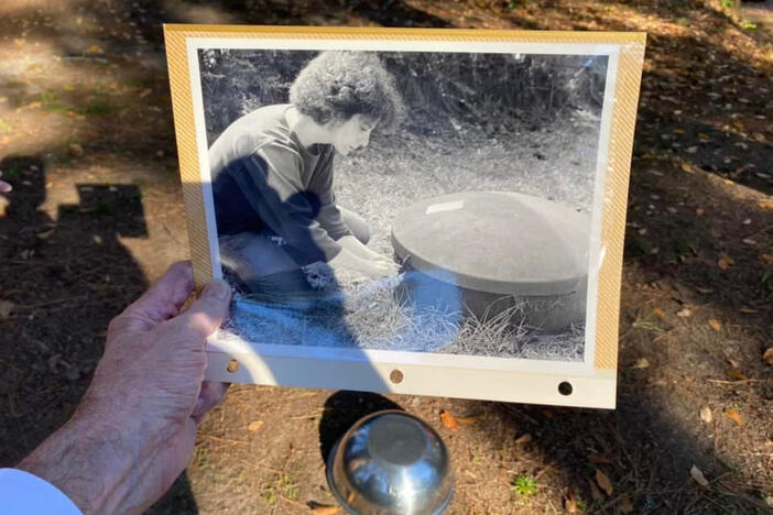 A picture of a photo of the Shalhoub home bomb shelter.