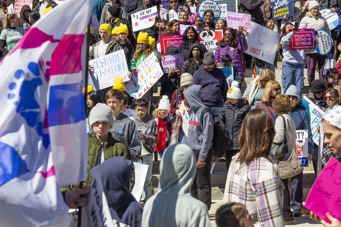 Attendees of Georgia's March for Life take a group photo outside the state Capitol on March 6, 2025.