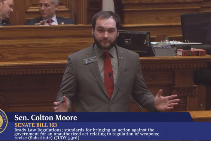 Georgia Sen. Colton Moore (R-Trenton) speaks on the Senate floor on Thursday, March 6, 2025, in support of a bill he introduced which counters a local gun-control ordinance in Savannah.