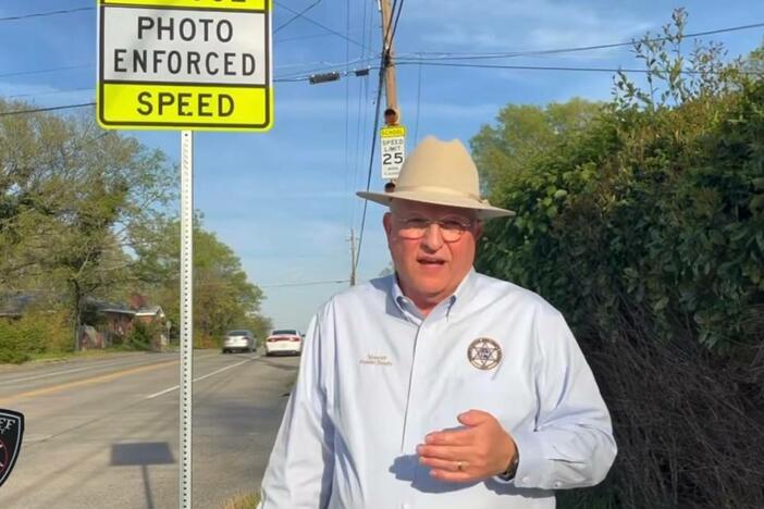 Bibb County Sheriff David Davis announced he would temporarily cancel speeding tickets issued by automatic school zone cameras Wednesday, March 20, 2025, in a video on the sheriff’s office Facebook. Bibb County Sheriff's Office Facebook  