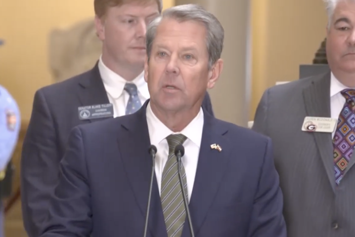 Georgia Governor Brian Kemp signed the Amended Fiscal Year 2025 Budget on the Capitol steps on Thursday, March 6, 2025. Credit: Screenshot