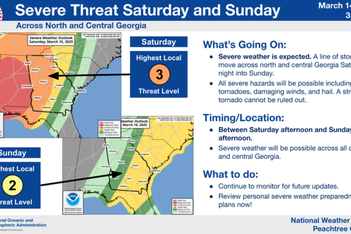 The National Weather Service forecasts storms will start Saturday afternoon and intensify into the evening, bringing threats of damaging winds and possibly tornadoes.