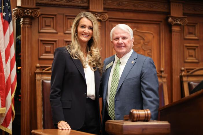 U.S. Small Business Administrator Kelly Loeffler pictured with Georgia Speaker of the House Jon Burns during a visit to the Georgia state Capitol on Monday, March 3, 2025. U.S. Representative Marjorie Taylor Greene was also in attendance. Credit: Georgia House of Representatives