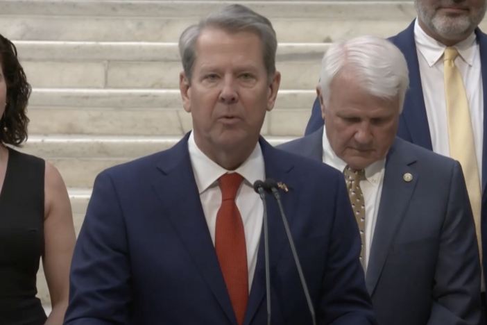 Georgia Gov. Brian Kemp seen introducing Georgia’s new Labor Commissioner, Barbara Rivera Holmes, at the state capitol on Tuesday, March 18, 2025. Credit: Screenshot
