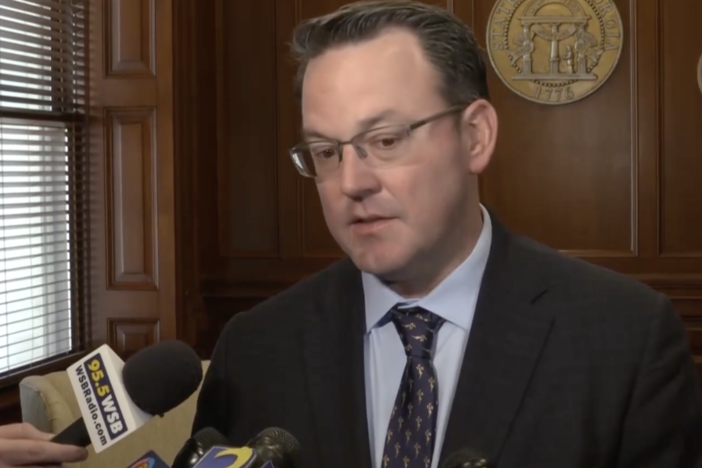 Georgia Senate Lt. Gov. Burt Jones announced a special committee investigation of Stacey Abrams and her New Georgia Project foundation over campaign finance violations on Friday, February 28, 2025. Credit: Screenshot