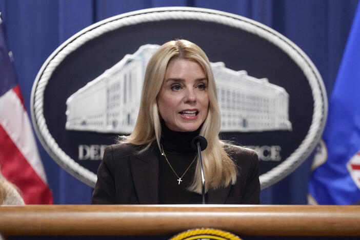 Attorney General Pam Bondi speaks at a news conference at the Justice Department, Feb. 12, 2025, in Washington. 
