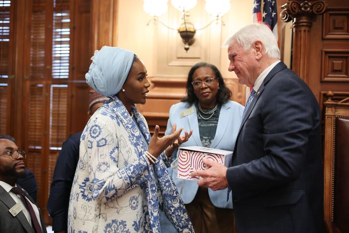 Queen Olori Atuwatse III of Warri, Delta State, Nigeria, is pictured during her visit to the Capitol with House Speaker Jon Burns on March 10, 2025. The queen consort visited to promote her "Elevate Africa" cause. Credit: Georgia House of Representatives