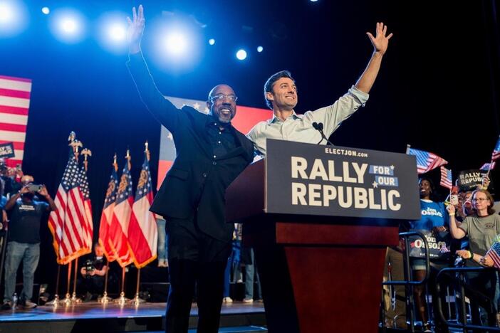 Democratic U.S. Sens. Raphael Warnock and Jon Ossoff at March 2025 rally