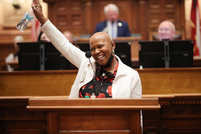 Georgia Representative Patty Stinson (D-Butler) celebrated on the House floor after sharing she had her last chemotherapy for breast cancer on Tuesday, March 11, 2025. Credit: Georgia House of Representatives 