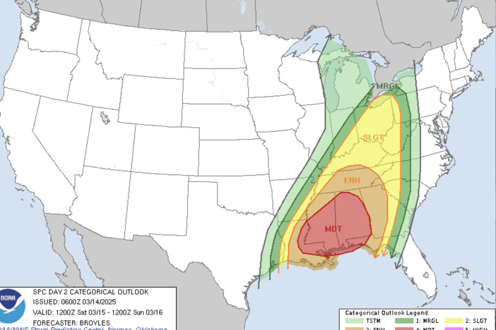 The severe threat is expected to develop eastward into parts of Georgia and the southern Appalachians by mid to late Saturday evening, with a severe threat continuing overnight.