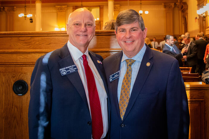 Sen. Brandon Beach (left) pictured with Sen. Larry Walker (right) in the Senate chamber on Tuesday, March 25, 2025. Lt. Gov.  Burt Jones announced that the Trump administration had appointed Beach as U.S. treasurer. Credit: Georgia Senate