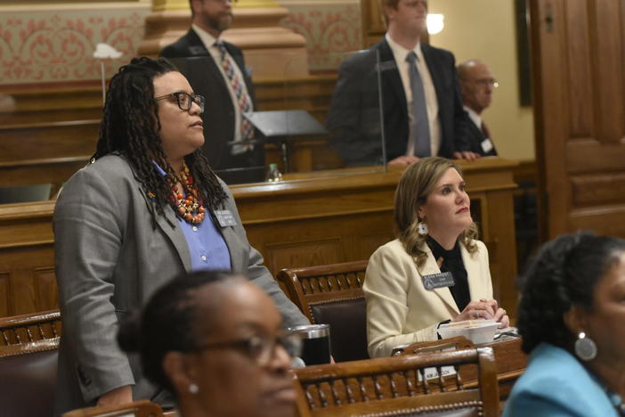 Democratic Sens. Kim Jackson, left, and Elena Parent watch votes come in for the Senate’s gender-affirming care ban for inmates. Jackson opposed the bill and Parent voted for it. Ross Williams/Georgia Recorder