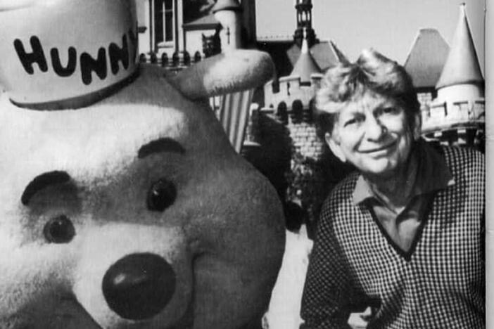 Sterling Halloway, the voice of Winnie The Pooh, with Winnie The Pooh at a Disney Park