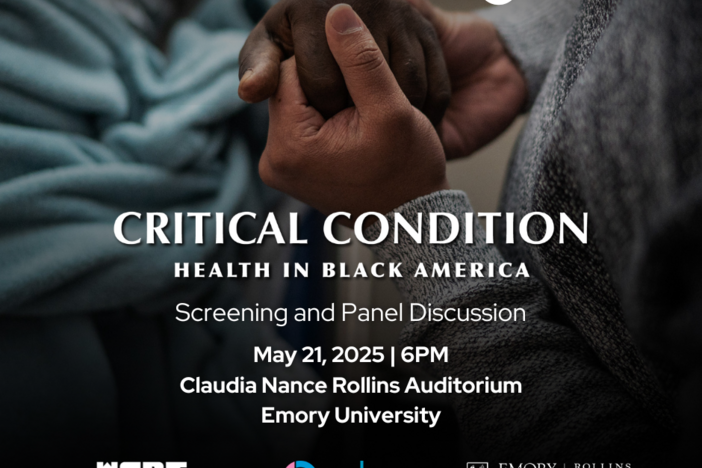 This image shows the title graphic for documentary Critical Condition: Health in Black America. It shows people holding two hands with information about the event in the foreground. 
