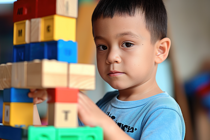 A child looks at the camera while playing with blocks