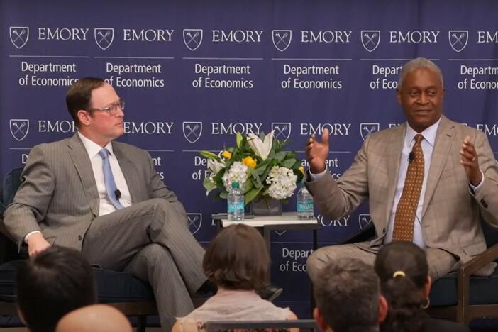 Raphael Bostic is shown speaking at Emory University on April 15th, 2025.