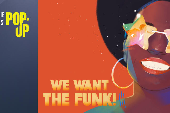 This key art image shows a graphic for WE WANT THE FUNK! documentary. It features a cartoon of an African American woman with star sunglasses smiling. In her sunglasses, you can see a reflection of a male and female singer. 