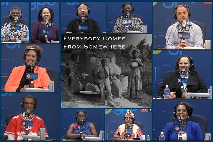 This image shows a group of people who participated in Everybody Comes From Somewhere. It shows 11 people sitting in front of a microphone in GPB's Talk Studios.