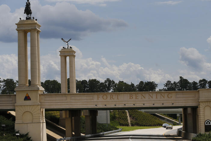 A bridge over I 185 marks the entrance to the U.S. Army's Fort Benning in Columbus, Ga., Aug. 21, 2015. 