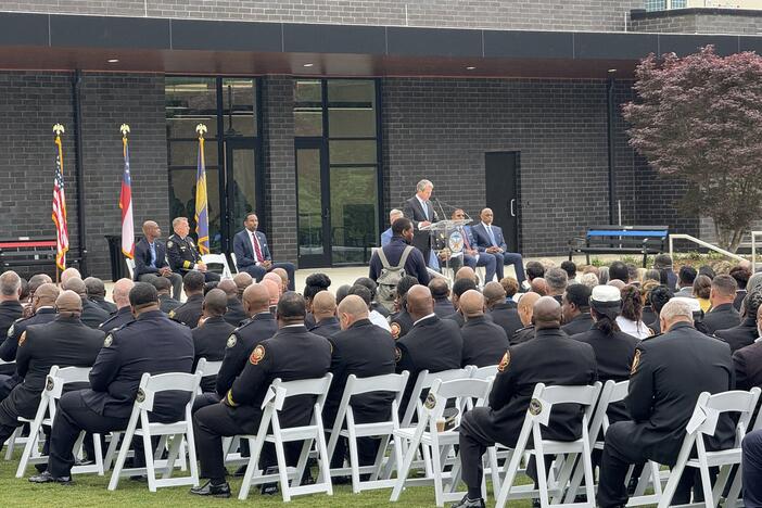 Gov. Brian Kemp speaks to public safety officers at the opening of the Atlanta Public Safety Training Center on April 29, 2025.