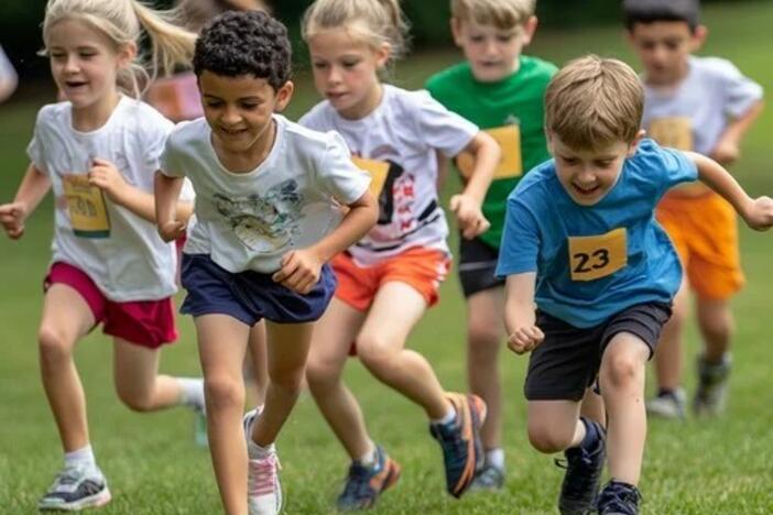 A lively group of kids races across a vibrant green field under a cloudy sky, showing a mix of determination and joy. Each child, clad in sports attire and running shoes, displays varying expressions of focus and excitement. The competition seems friendly yet spirited, as they dash towards the finish line, representing an inspiring scene of youthful energy and sportsmanship.
