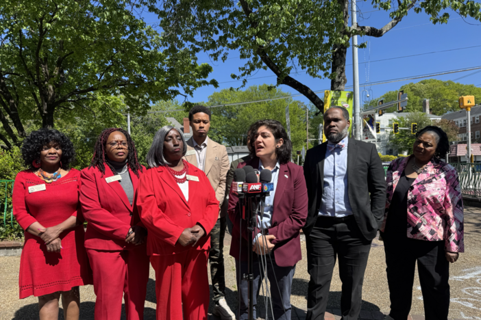 From left to right: State Reps. Viola Davis, Kim Schofield, Sandra Scott, Eric Bell, Atlanta city councilwoman Liliana Bakhtiari, Atlanta NAACP President Gerald Griggs, and state Sen. Gail Davenport present at the press conference at the site of the crash to call for an end to high speed chases. Credit: Sarah Kallis/GPB News