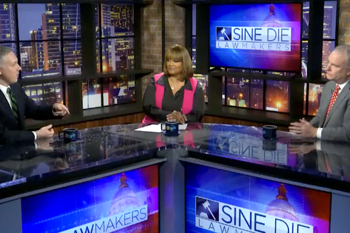 GPB's Lawmakers host Donna Lowry (middle) talks to Matthew Wilson (left), Interim Chair of the Democratic Party of Georgia and Republican strategist Brian Robinson (right), about Sine Die of the 2025 Georgia legislative session on Friday, April 4, 2025. Credit: Screenshot