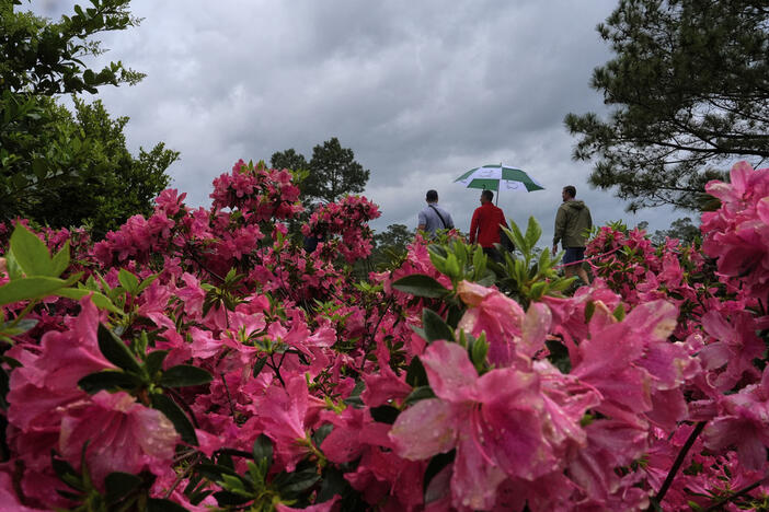 Patrons along the eighth fairway during a practice round at the Masters golf tournament, Monday, April 7, 2025, in Augusta, Ga. 