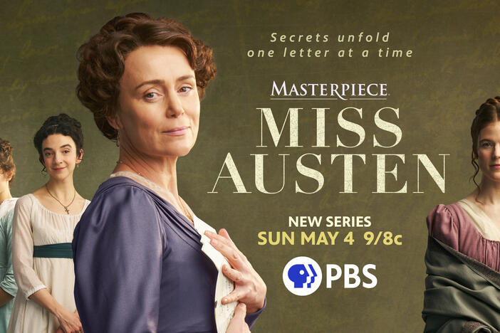 This is the key art for Miss Austen, a new show about Jane Austeen. It shows 4 women looking forward in front of a green background.
