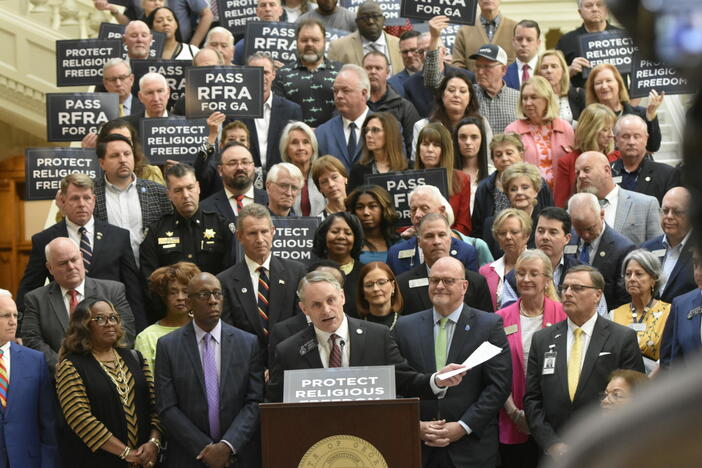  Sen. Ed Setzler holds a RFRA rally the day before his bill passed the House. Ross Williams/Georgia Recorder