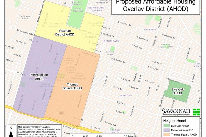 The boundaries of Savannah's inaugural four affordable housing overlay district zones, as proposed by city staff and approved by councilmembers.