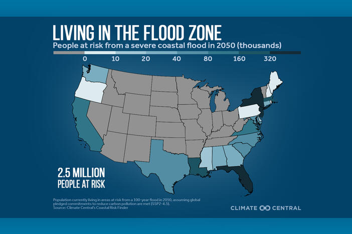 A map from the science nonprofit Climate Central shows the state-by-state risk for severe flood vulnerability by population along the East, Gulf, and West Coasts.