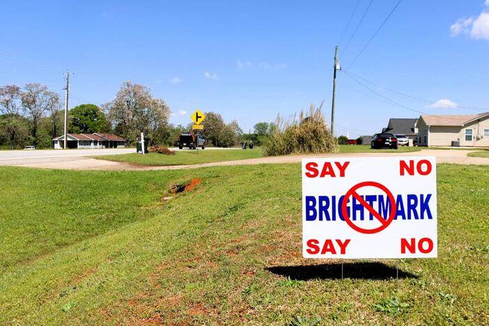 A house along State Route 36 in Upson County, across the street from the industrial park, with a sign opposing Brigthmark’s plastics plant. It’s one of 300 signs distributed throughout Thomaston-Upson County by the Upson Environmental Government Transparency Group. Kala Hunter  