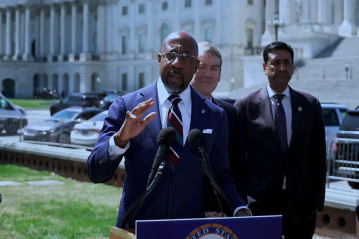 Georgia U.S. Sen. Raphael Warnock at a press conference highlighting his Child Tax Credit legislation on April 9, 2025. Credit: Screenshot