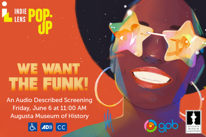 This is the key image for WE WANT THE FUNK! It shows an African American Woman with star glasses and in the reflection of those gases, it shows two singers a woman and a man. It also have information about the event.