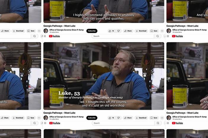 Luke Seaborn appeared in a 2024 promotional video for Georgia Pathways to Coverage, the state’s insurance program. “I used to think of Pathways as a blessing,” Seaborn recently told The Current and ProPublica. “Now, I’m done with it.” Credit: Photo Illustration and YouTube screenshots by ProPublica
