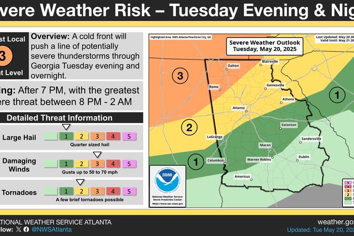The National Weather Service of Atlanta announced a severe weather risk for Tuesday, May 20, 2025 during the evening and night. NWS Atlanta/X