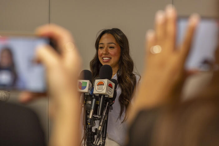 19-year-old Ximena Arias-Cristobal at a press conference in Atlanta on May 27, 2025, about a week after being released from ICE detention. The college student was jailed in Dalton for driving without a license, though after the fact, police said she didn’t actually commit a traffic violation. "It kind of flips your world. We now kind of live a little bit more in fear," Arias-Cristobal said.
