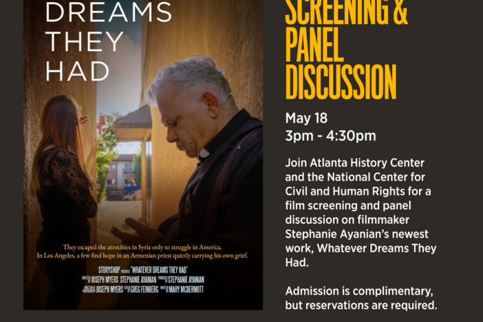 This key image for Whatever Dreams They Had shows a priest and a woman standing in-between two buildings in a suburban neighborhood.