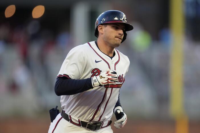 Atlanta Braves' Austin Riley (27) rounds the bases after hitting a two-run homer against the Los Angeles Dodgers in the third inning of a baseball game, Sunday, May 4, 2025, in Atlanta. 