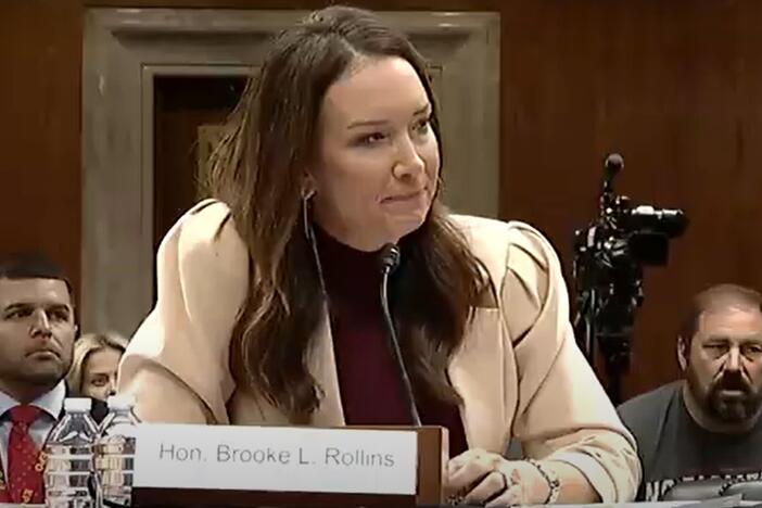 US Agriculture Secretary Brooke Rollins is shown testifying in a U.S. Senate committee hearing room on May 7th, 2025.